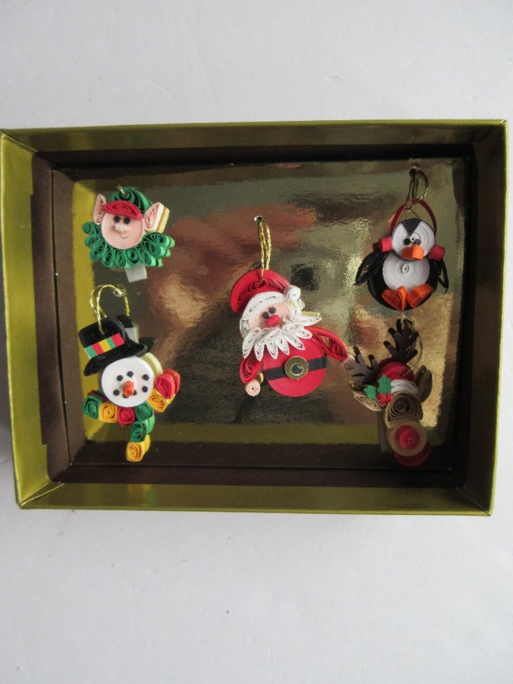 5 Paper Quilled Mini Christmas Ornaments Set in Gift Box Santa, Elf, Snowman